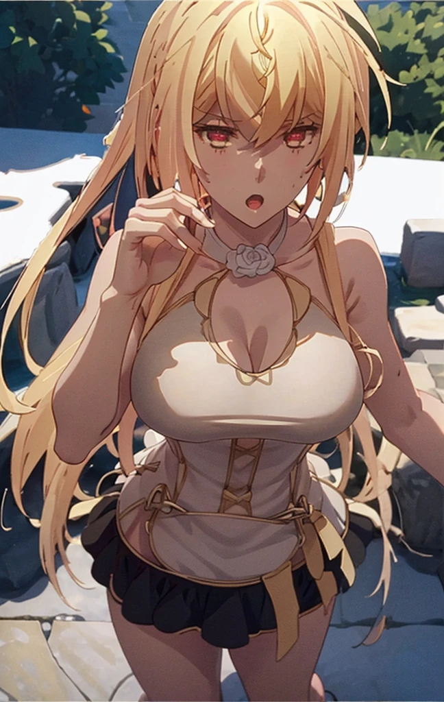 Masterpiece, best quality, highly detailed, highres, 8K, natural lighting, 1 girl, blonde hair, ahoge, ruby eyes, huge breast, black tank top, mini short pants, she wet, sexy pose, outdoor, (Full body shot:1.1) , detailed eyes, perfect eyes colors, detailed eyes, detailed finger shape, the number of fingers is not excessive