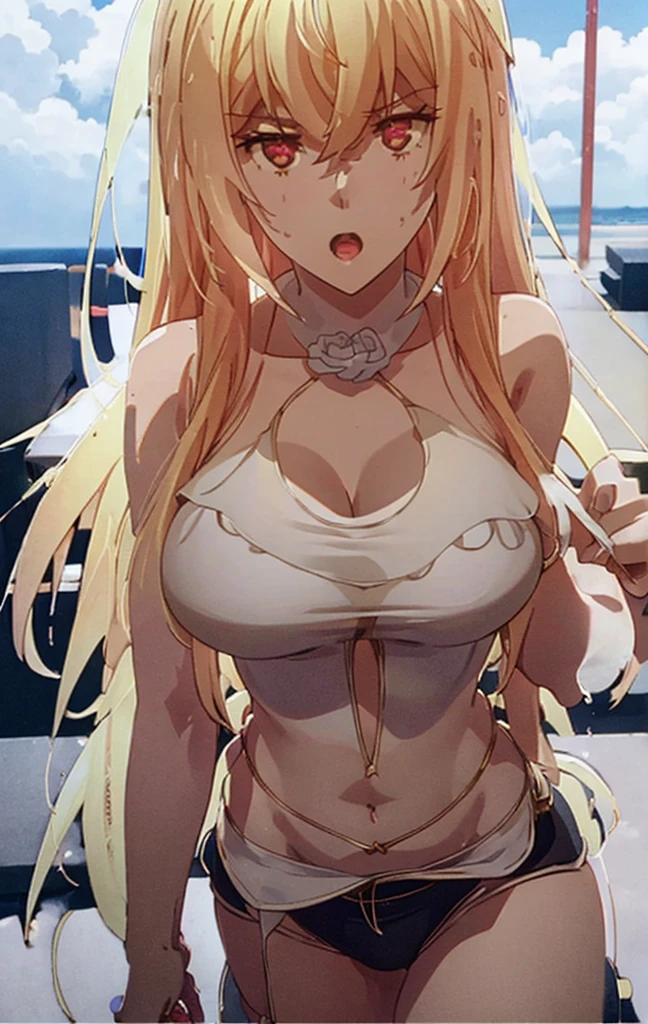 Masterpiece, best quality, highly detailed, highres, 8K, natural lighting, 1 girl, blonde hair, ahoge, ruby eyes, huge breast, black tank top, mini short pants, she wet, sexy pose, outdoor, (Full body shot:1.1) , detailed eyes, perfect eyes colors, detailed eyes, detailed finger shape, the number of fingers is not excessive