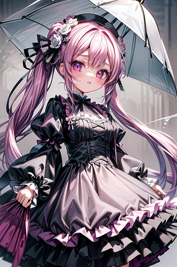 Masterpiece, best quality, high quality, ultra detailed, ghost princess, ghost and sakura aura, holding a cute umbrella, black pink gothic outfit, hair tied into two curly pigtails with black and white flower hairpins, perfect body shape, wearing black top hat with ribbon, masterpieces, light make up, ghost effect
