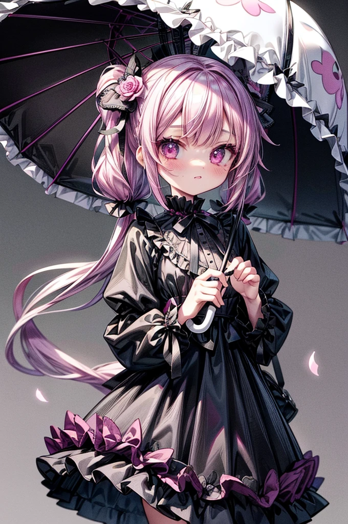 Masterpiece, best quality, high quality, ultra detailed, ghost princess, ghost and sakura aura, holding a cute umbrella, black pink gothic outfit, hair tied into two curly pigtails with black and white flower hairpins, perfect body shape, wearing black top hat with ribbon, masterpieces, light make up, ghost effect
