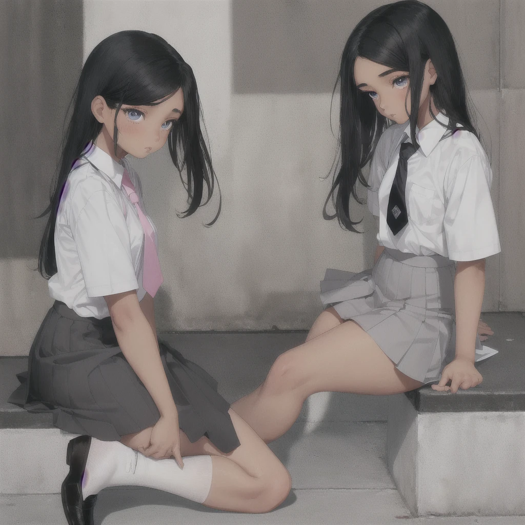 Latina teen, brown skin, beautiful face, small nose , eyelashes, blue eyes, long straight black hair, white school shirt, pink tie, grey medium length skirt, white socks, black fancy shoe, side profile