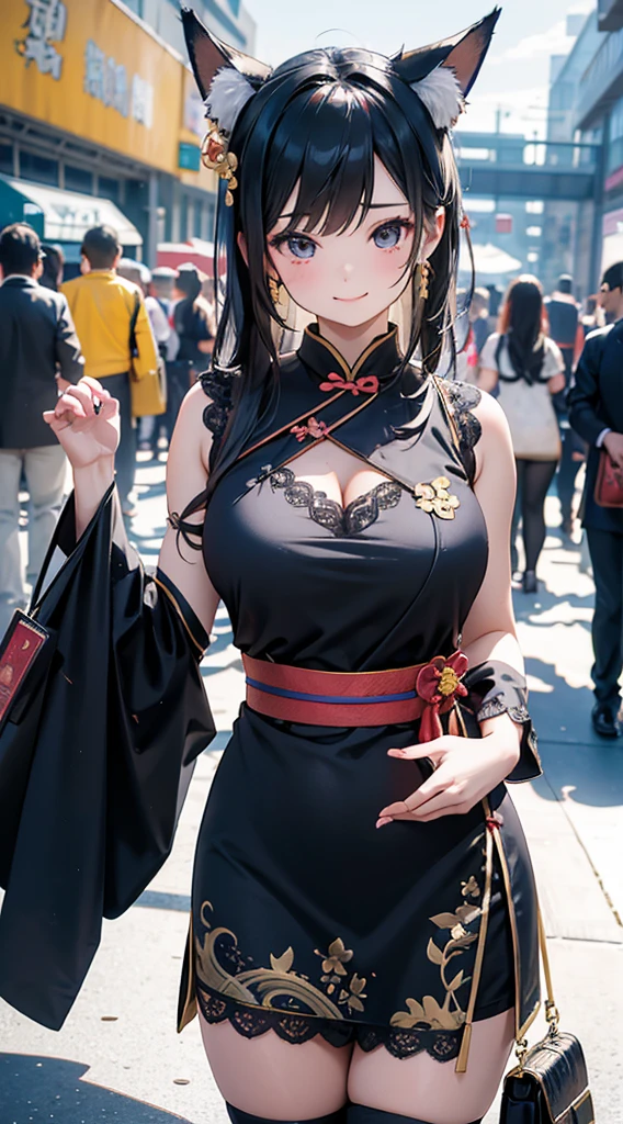 Cosplay girls，Mature girl，Big breasts，Big breasts，mature body，Clothes with bells and whistles，lace，Lace decoration，cosplay，Card issuance，猫耳Card issuance，Card issuance耳朵，Gorgeous clothes，Anime style girl，cheongsam，cheongsam，Kimono style，Fox ears，Big animal ears，兽耳Card issuance，Close-up above the waist镜头，Close-up above the waist，Close-up above the waist，Close-up above the waist，Coordinated body proportions，Golden ratio figure，Short skirt，Modern Background，Big Ass，Modern Background，Comic Con background，Comic Con background，Comic Con background，Background of the venue，Hilarious background，Exhibition Background，Knee socks，Silk socks，Silk texture，maternal，maternal，kindliness，Smile，Smile，Married Woman，Long hair