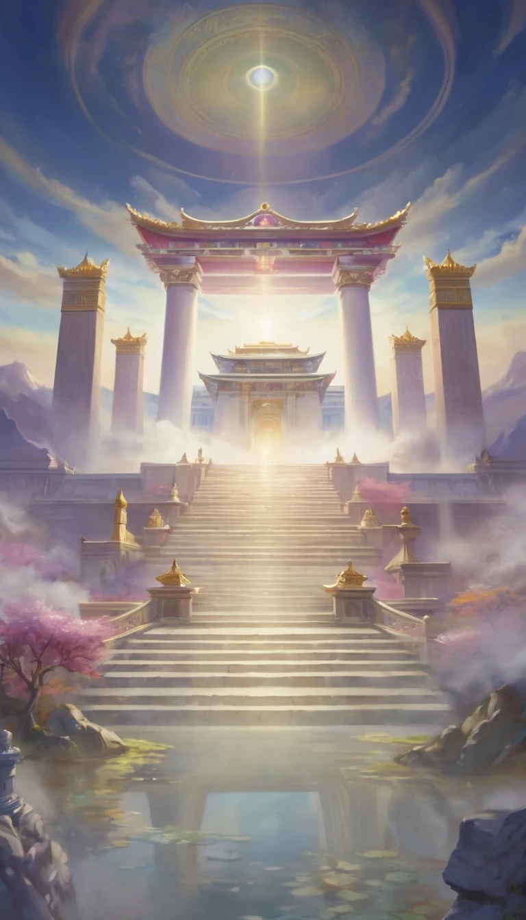 A painting of a building，Background is sky，There are stairs leading to the building, Temple Background, Kingdom of Light Background, Palace Background, Depicting the background of the temple, The throne of Mount Olympus, Entering the Etheric Realm, background technology, A mysterious temple, Arena Background, Heaven&#39;s Gate, Heaven Background, Game Background, mysterious temple setting, background technologywork, The floating palace