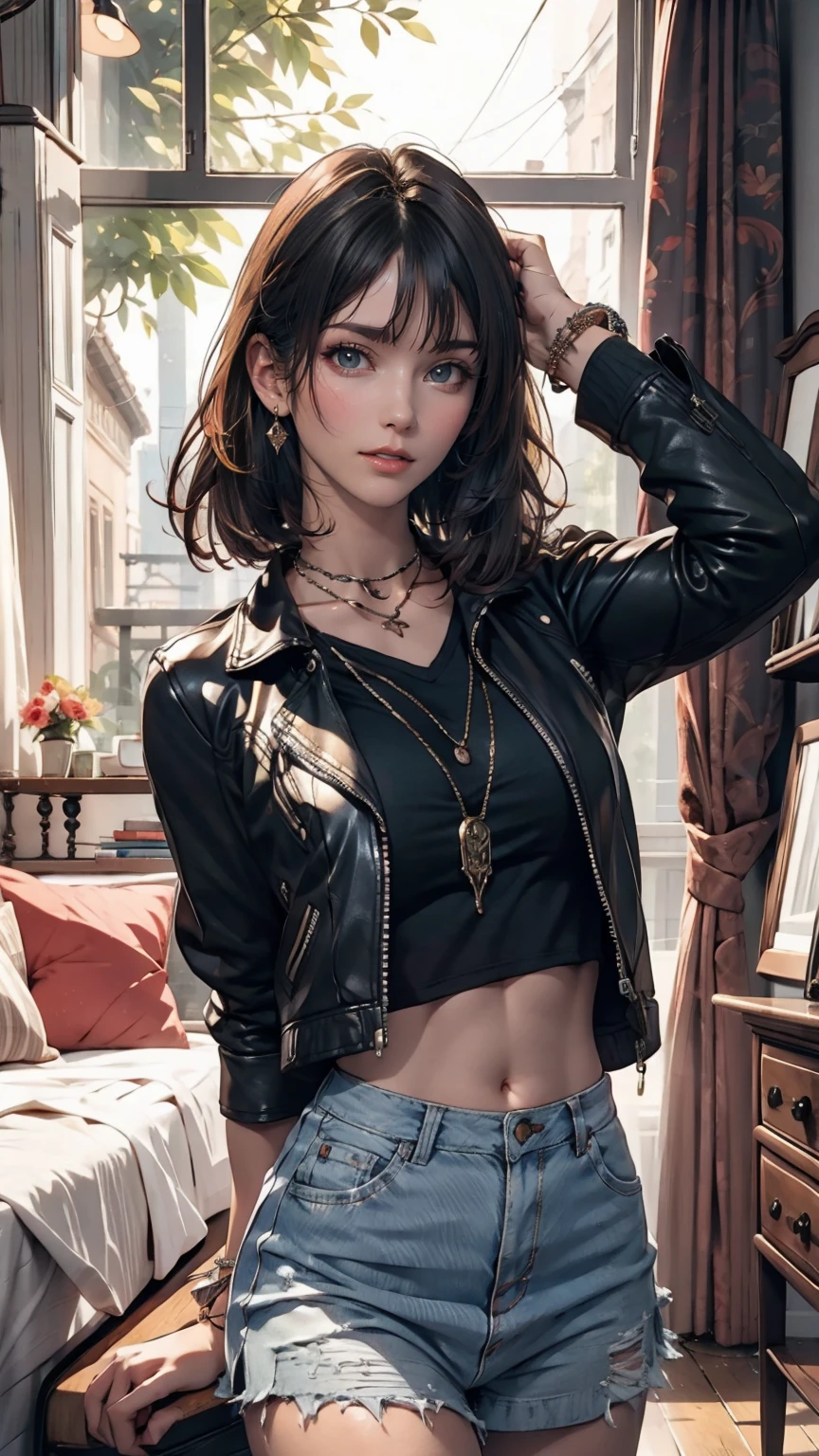 mouth, One girl, alone, In a messy room, guitar, 、Spiked Collar、24 year old Caucasian female、Sexy proportions、Punk rock fashion、Black Shirt、Leather jacket、Leather leggings、Flashy makeup、long hair、rosary necklace、rosary earrings、Put a spiked bracelet on your wrist