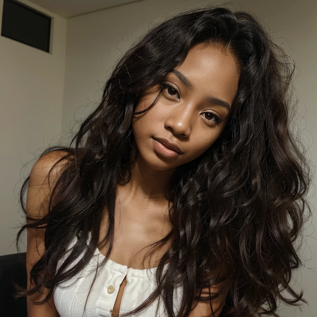 masterpiece, best quality, 1 girl, solo, beautiful African and Asian mixed 19 year old, ebony skin female, long, frizzy, curly dark hair, perfect face, long hair her eyes looking slightly to the left
