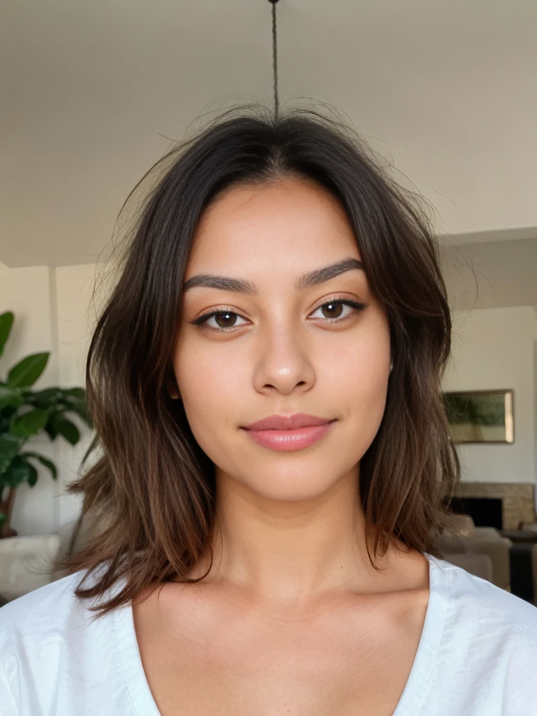 A beautiful girl, face detail, brown eyes, cuban mixed tunisian woman, almond eye shape, cute gaze, full lips, diamond faceshape, little nose, curved round eyebrows shape, standing in a living room, very detailed, innocent face, naturally wavy hair, high quality, small wrinkles, 4k, 8k UH, charming smile, real life, extremely detailed, small dark circles, mole, imperfections, medium arch eyebrows shape