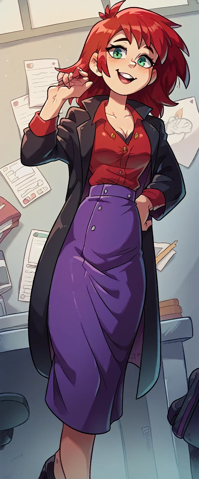 A cute girl, light skin, sexy, attractive, red hair, shiny cut, tousled, her green eye, dresses in a purple button-down buttoned office long coat and a long purple skirt with a black heel.