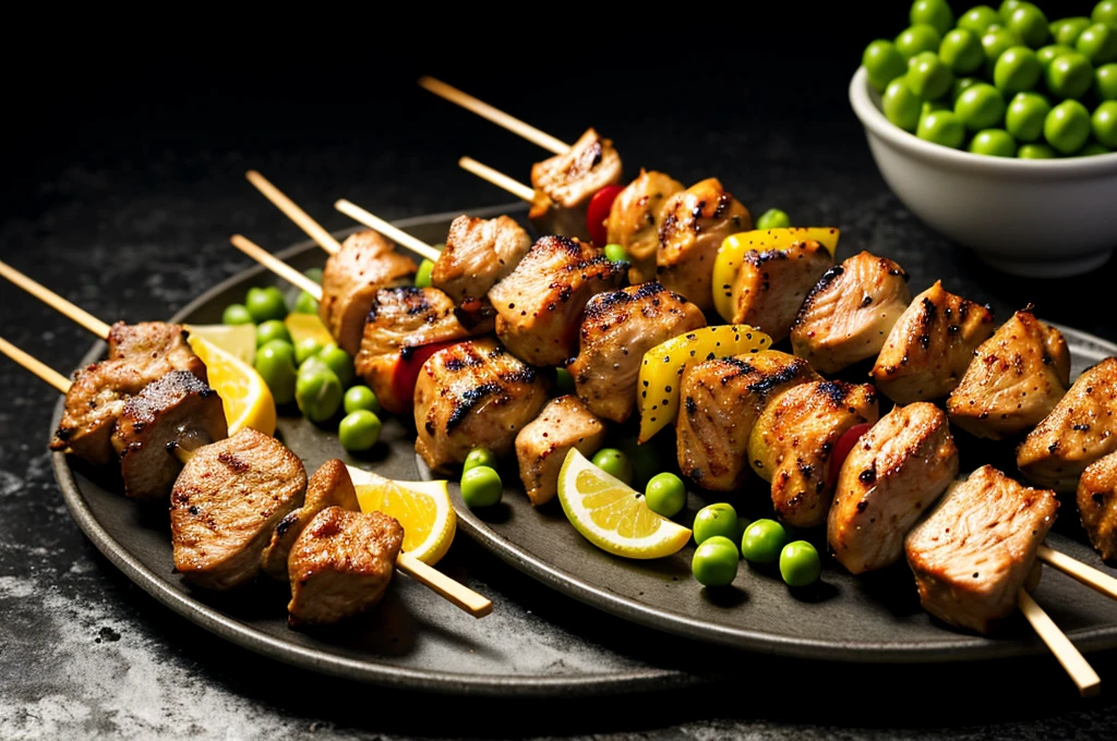 there are skewered meat on skewers with green peas, skewer, kebab, best on adobe stock, high quality photo, fotografia, high quality product image”, high quality photos, shutterstock, against dark background, high picture quality, beautiful sunny day, grilled chicken, on black background, barbecue, texture, ready to eat, grill, beautiful high resolution