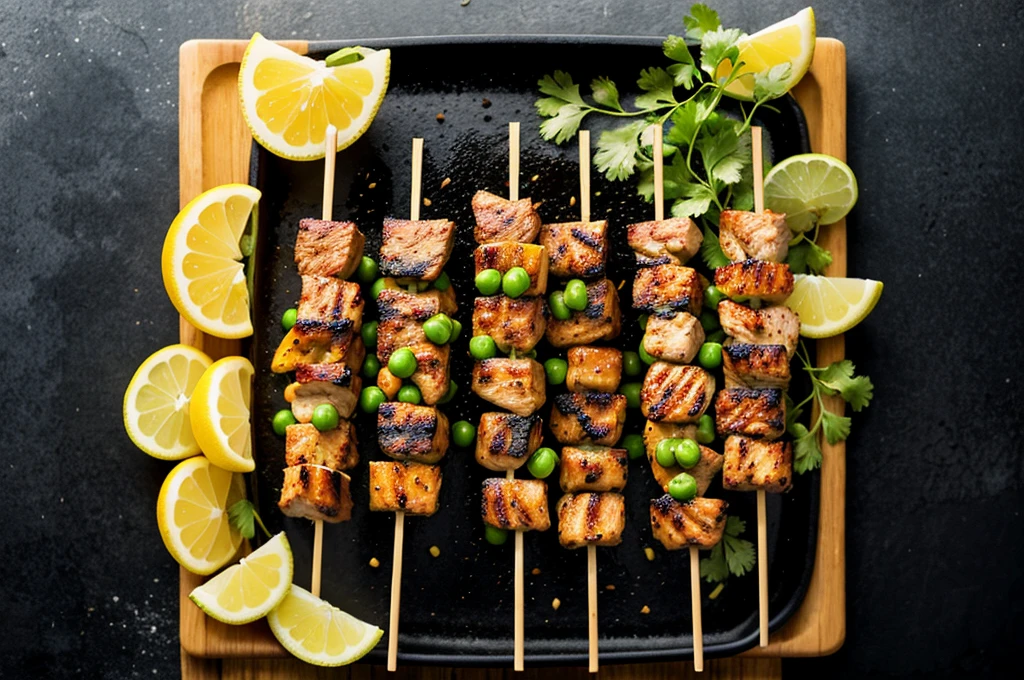 there are skewered meat on skewers with green peas, skewer, kebab, best on adobe stock, high quality photo, fotografia, high quality product image”, high quality photos, shutterstock, against dark background, high picture quality, beautiful sunny day, grilled chicken, on black background, barbecue, texture, ready to eat, grill, beautiful high resolution