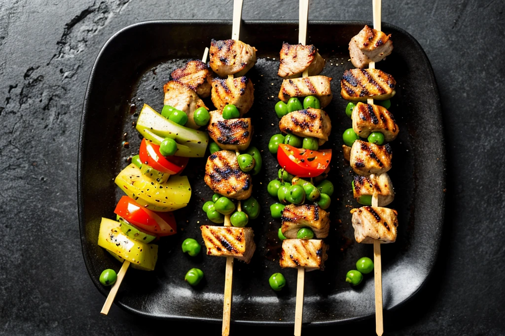 there are skewered meat on skewers with green peas, skewer, kebab, best on adobe stock, high quality photo, fotografia, high quality product image”, high quality photos, shutterstock, against dark background, high picture quality, beautiful sunny day, grilled chicken, on black background, barbecue, texture, ready to eat, grill, beautiful high resolution