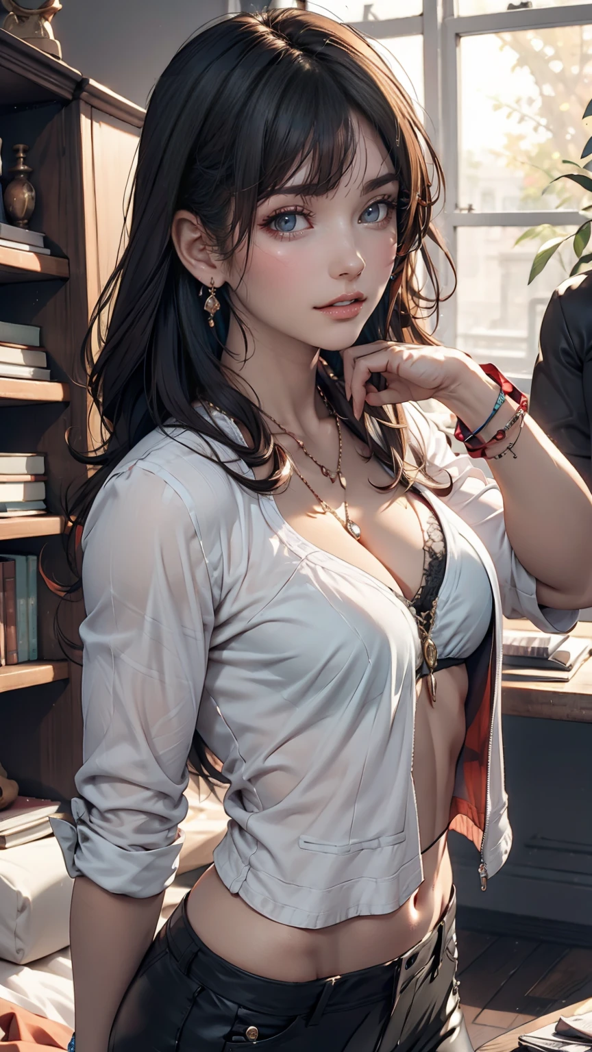 mouth, One girl, alone, In a messy room, guitar, 、Spiked Collar、24 year old Caucasian female、Sexy proportions、Punk rock fashion、Black Shirt、Leather jacket、Leather leggings、Flashy makeup、long hair、rosary necklace、rosary earrings、Put a spiked bracelet on your wrist
