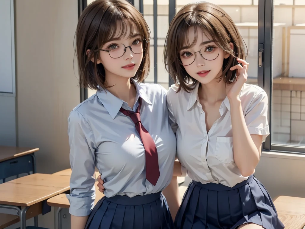 ((2 Japan schoolgirl)), ((2 Cute Girls)), 16 and 18 years old, (school uniform), (White shirt), (red neck tie), (Navy blue pleated skirt), miniskirt, Are standing, perfection female form, perfection face, Glossy pink lips, Expressive eyes, eye shadow, eyeliner, Huge natural breasts, (Narrow waist), light brown hair, short hair, (floating hair), expressive hair, (over-rim glasses:), long eyelashes, (smile), (cowboy shot),
classroom, By the window, Holding hands,
UHD, masterpiece, accurate, anatomically correct, textured skin, super detail, high details, high quality, best quality,