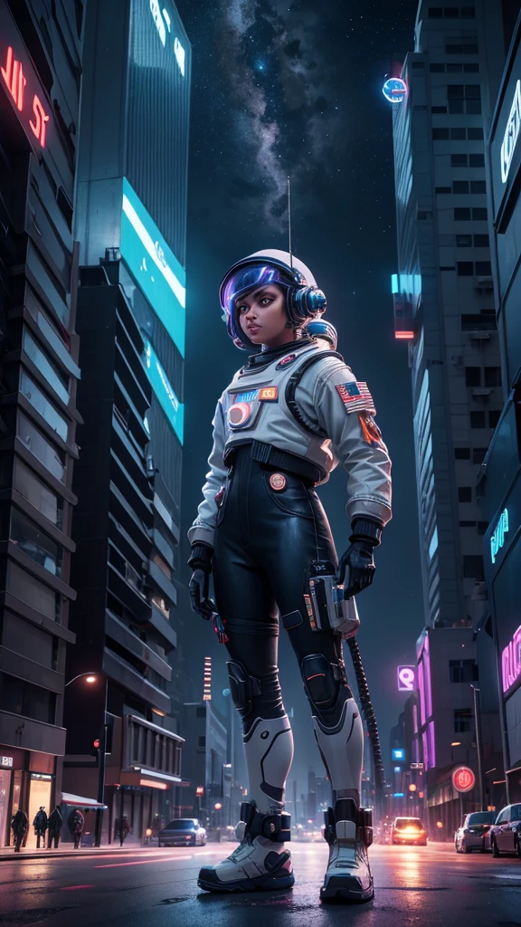 Astronut standing in cyber punk street watching buildings, detailed Astronut, detailed street, detailed neon lightning, detailed dark sky, highly detailed, best quality, masterpiece, 8k wallpaper.