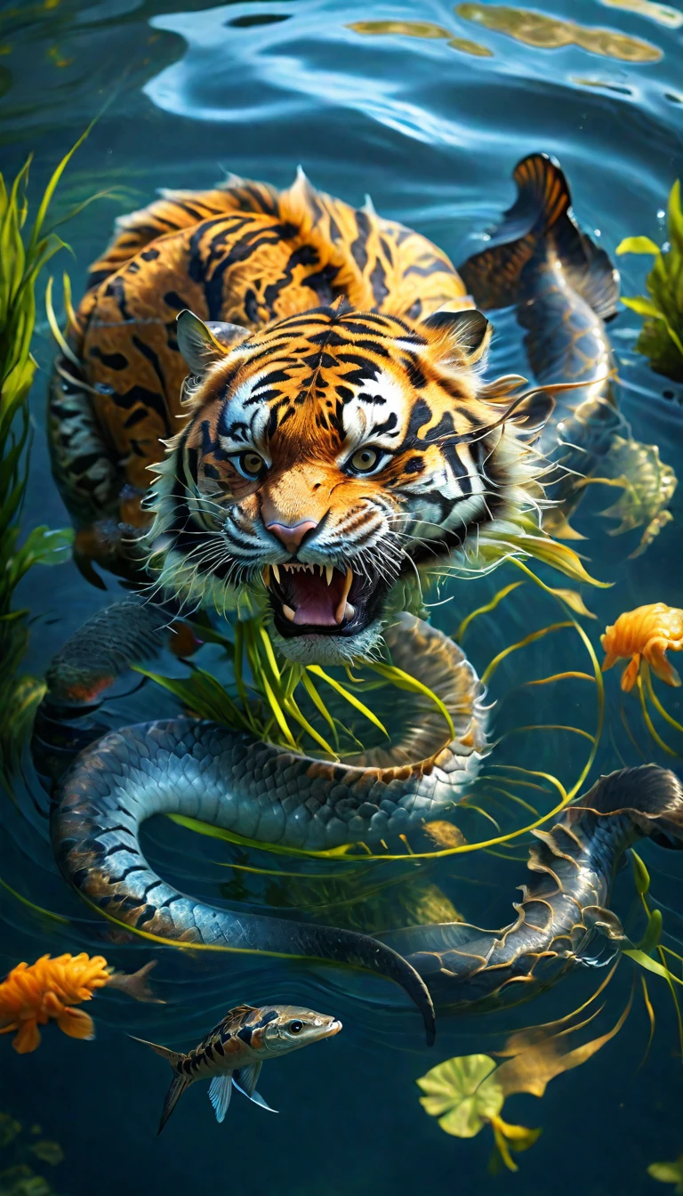 There is a creature in the water,Tiger's head,Fish body,Snake tail(best quality,4K,8k,High level,masterpiece:1.2),Ultra Detailed,(lifelike,Photo real,Photo real:1.37),Highly detailed animals,Complex patterns,Realistic lighting,Fantasy Creatures