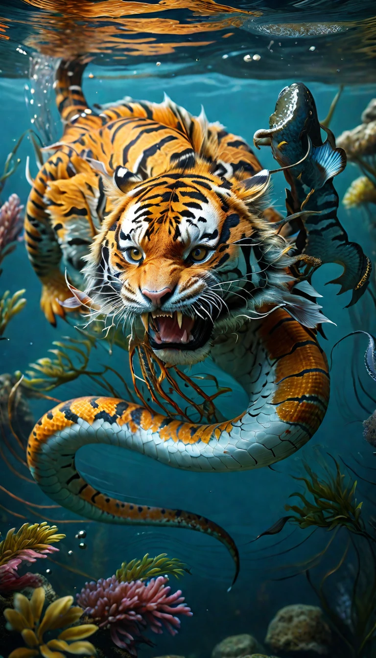 There is a creature in the water，Tiger's head，Fish body，Snake tail(best quality，4K，8k，High level，masterpiece：1.2），Ultra Detailed，（lifelike，Photo real，Photo real：1.37），Highly detailed animals，Complex patterns，Realistic lighting，Fantasy Creatures