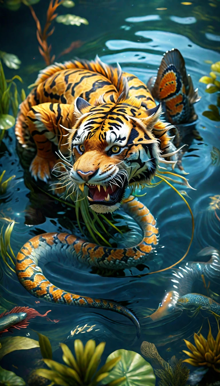 There is a creature in the water，Tiger's head，Fish body，Snake tail(best quality，4K，8k，High level，masterpiece：1.2），Ultra Detailed，（lifelike，Photo real，Photo real：1.37），Highly detailed animals，Complex patterns，Realistic lighting，Fantasy Creatures