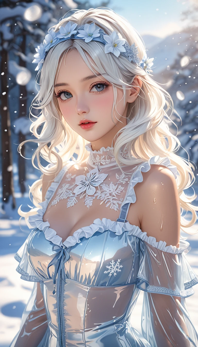 (((masterpiece))),best quality,illustration,4k wallpaper,light,absurd,1 girl,(snow,ice),snow flower,In winter,White hair,Shiny hair,curls,Transparent clothes,Ruffles,Lace,Wet clothes,leave_Shoulder,Headband,masterpiece,Telephoto lens,absurd,Delicate face,feature,Natural light,Soft Light,(Seven-part combination),epic,Fantastic and magical,mystery,