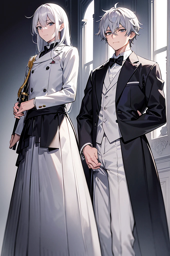 Content: An anime male character with white hair and grey eyes in a butler uniform with a dress sword and black bow tie. The character has a confident smirk and a mature look.
Medium: Digital art, anime illustration.
Style: Inspired by the works of Hajime Yatate and the anime "Gurren Lagann," with influences from Akasuki Voidstar, Okata Kazuto, Wataru Kajika, Takumi Fujiwara, and Taisho Roman. The character has the refined and detailed appearance typical of anime butlers.
Lighting: Dramatic lighting that highlights the character’s white hair, grey eyes, and the details of the uniform, with shadows adding depth and intensity.
Colours: A palette dominated by black, white, and shades of grey, with subtle highlights to emphasize the character’s facial features and the details of the uniform and sword.
Composition: A mid-shot of the character standing confidently, with the dress sword visible at his side. The background is simple and elegant, ensuring the focus remains on the character's poised and mature demeanor.