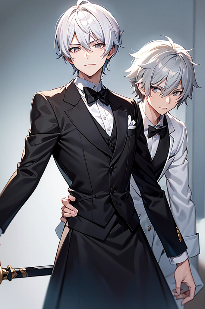 Content: An anime male character with white hair and grey eyes in a butler uniform with a dress sword and black bow tie. The character has a confident smirk and a mature look.

Medium: Digital art, anime illustration.

Style: Inspired by the works of Hajime Yatate and the anime "Gurren Lagann," with influences from Akasuki Voidstar, Okata Kazuto, Wataru Kajika, Takumi Fujiwara, and Taisho Roman. The character has the refined and detailed appearance typical of anime butlers.

Lighting: Dramatic lighting that highlights the character’s white hair, grey eyes, and the details of the uniform, with shadows adding depth and intensity.

Colours: A palette dominated by black, white, and shades of grey, with subtle highlights to emphasize the character’s facial features and the details of the uniform and sword.

Composition: A mid-shot of the character standing confidently, with the dress sword visible at his side. The background is simple and elegant, ensuring the focus remains on the character's poised and mature demeanor.
