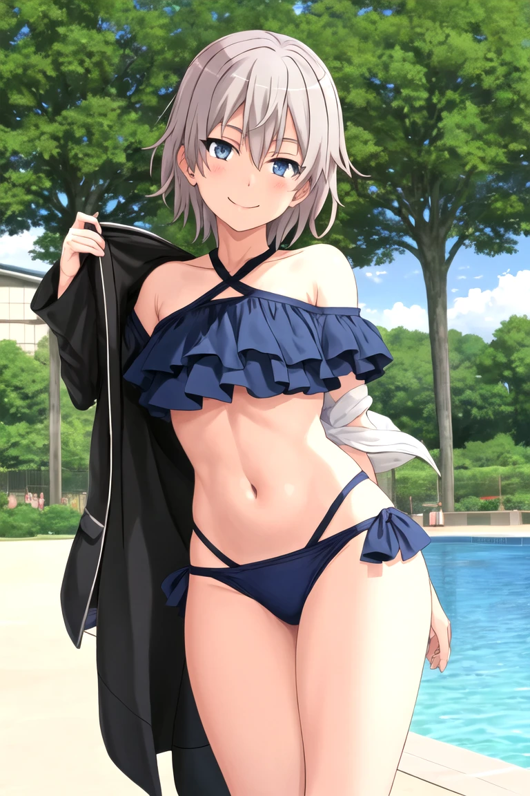 totsuka_almost_yahariorenoseishunlovecomewamachigatteiru grey_hair, short_hair, male_Focus, Blue_eyes, BLUSH, smile, Bikini, thick thighs 