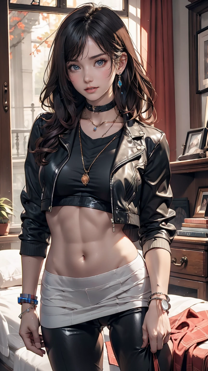 mouth, One girl, alone, In a messy room, guitar, 、Spiked Collar、24 year old Caucasian female、Sexy proportions、Punk rock fashion、Black Shirt、Leather jacket、Leather leggings、Flashy makeup、long hair、rosary necklace、rosary earrings、Put a spiked bracelet on your wrist