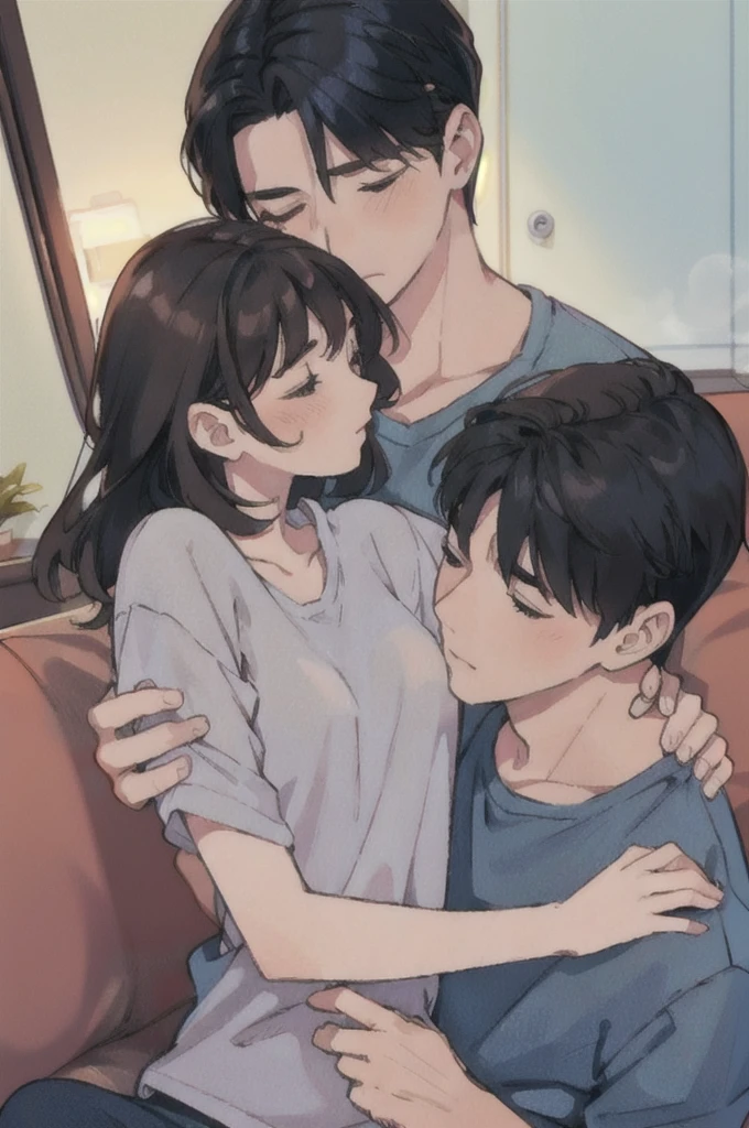 concept art,love theme,Illustration,1st son,1 woman,hug,hetero,brown hair,closed eyes,Topless Male,blush,black hair,Pajamas,blue pants,big bust,long hair,seat,clavicle,pants,couple,inside,medium hair,hazy,shirt,Putting your hand on someone else's shoulder,long short sleeve tee,Placing your hand on another person's chest,Short hair,