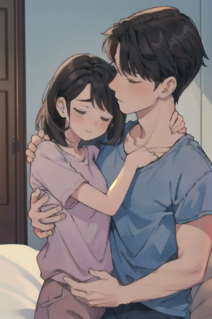 concept art,love theme,Illustration,1st son,1 woman,hug,hetero,brown hair,closed eyes,Topless Male,blush,black hair,Pajamas,blue pants,big bust,long hair,seat,clavicle,pants,couple,inside,medium hair,hazy,shirt,Putting your hand on someone else's shoulder,long short sleeve tee,Placing your hand on another person's chest,Short hair,