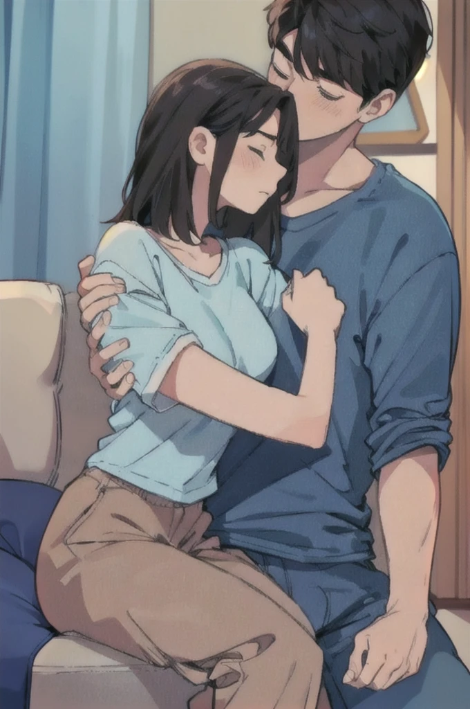 concept art,love theme,Illustration,1st son,1 woman,hug,hetero,brown hair,closed eyes,Topless Male,blush,black hair,Pajamas,blue pants,big bust,long hair,seat,clavicle,pants,couple,inside,medium hair,hazy,shirt,Putting your hand on someone else's shoulder,long short sleeve tee,Placing your hand on another person's chest,Short hair,