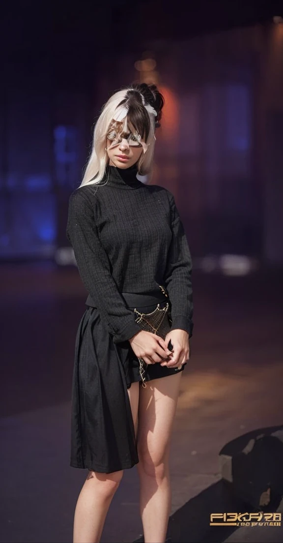 1 beautiful woman was wearing a black long-sleeved shirt and a black skirt and her hair was white