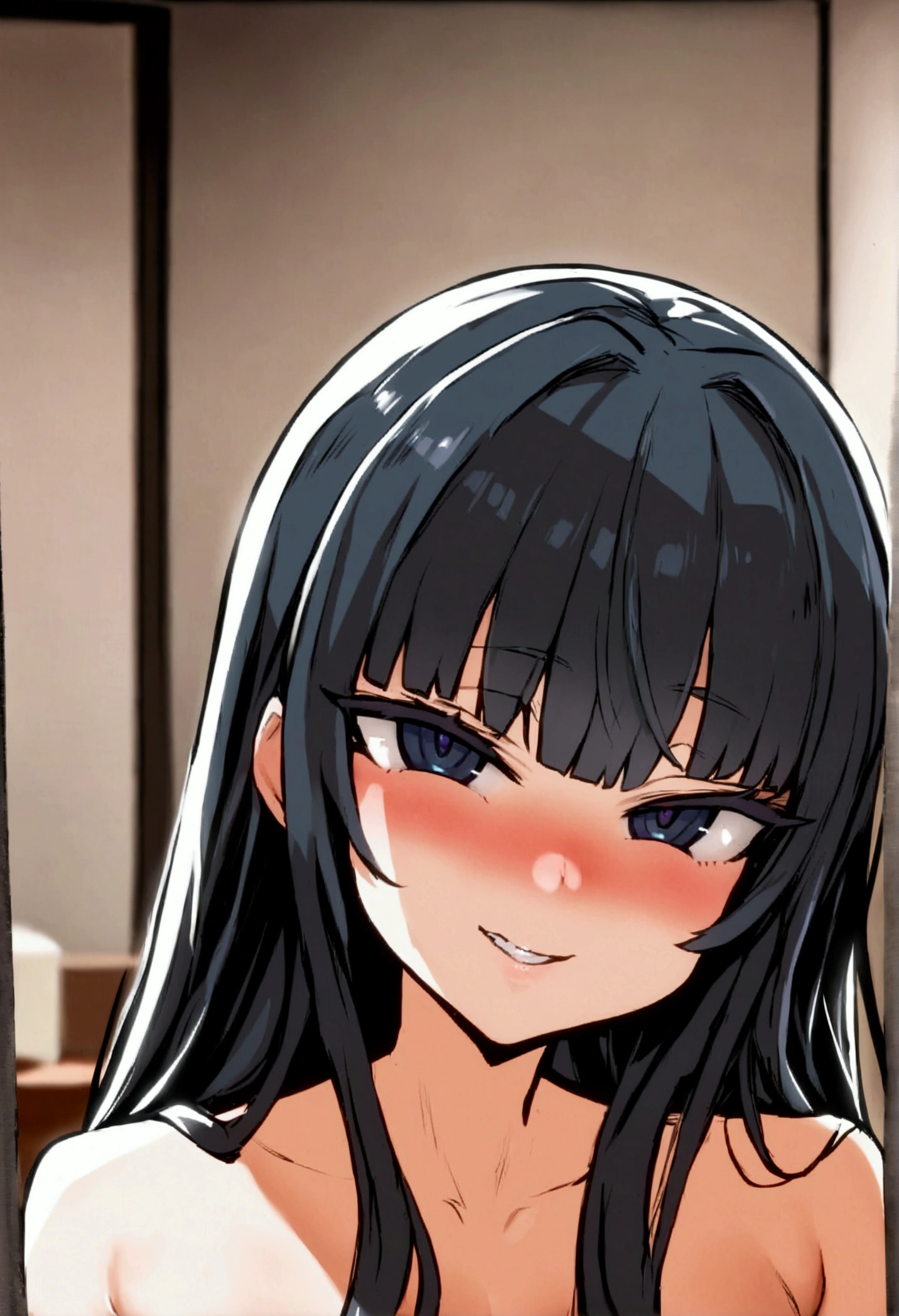 masterpiece, best quality 1girl, solo, beautiful woman, bangs, black hair, long hair, him cut, dark blue eyes, dark eye bags, deep blush, grin, medium breasts, naked, looking at viewer, bedroom background