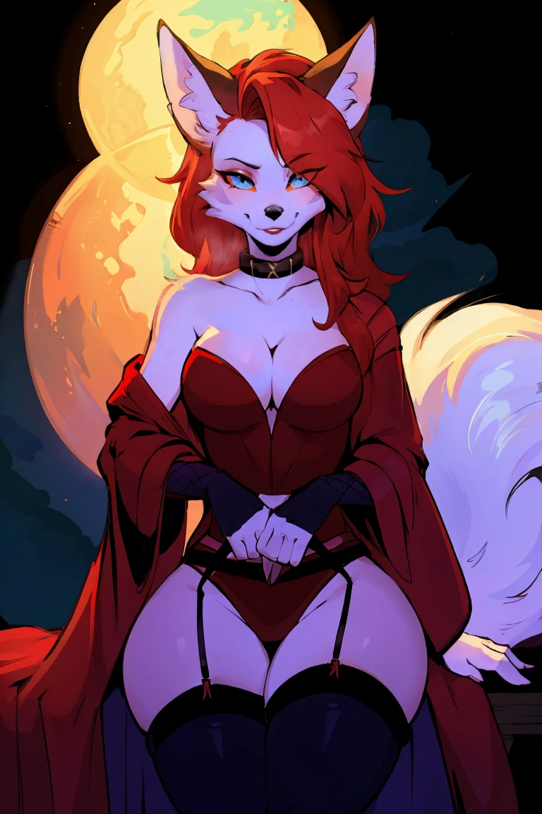(Wolf_girl:1.2),Beautiful figure,Height 193 cm,Long flowing red hair, close_up, (Red bathrobe:1.2),collar,ribbon choker,medium breasts,cleavage cutout,fox ears,female pervert,Kitsune,(looking at viewer:1.2),thighhighs,fishnets,garter straps,garters, (Hourglass figure:1.2), (Clear focus), (Perfect hands), (Perfect eyes), (Mother:1.2),Smile,Extreme sex appeal,Lace,best quality,Astonishing,masterpiece,Beautifully,Extremely detailed,Ultra-high resolution,Intricate details,Exquisite and detailed,Meticulous attention to detail,8k resolution,(Edge lighting),Clear focus,High contrast,Cartoon shading,rich and colorful