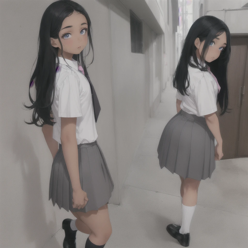 Latina , brown skin, beautiful face, small nose , eyelashes, blue eyes, long straight black hair, white school shirt, pink tie, grey medium length skirt, white socks, black fancy shoe, rear view, back view