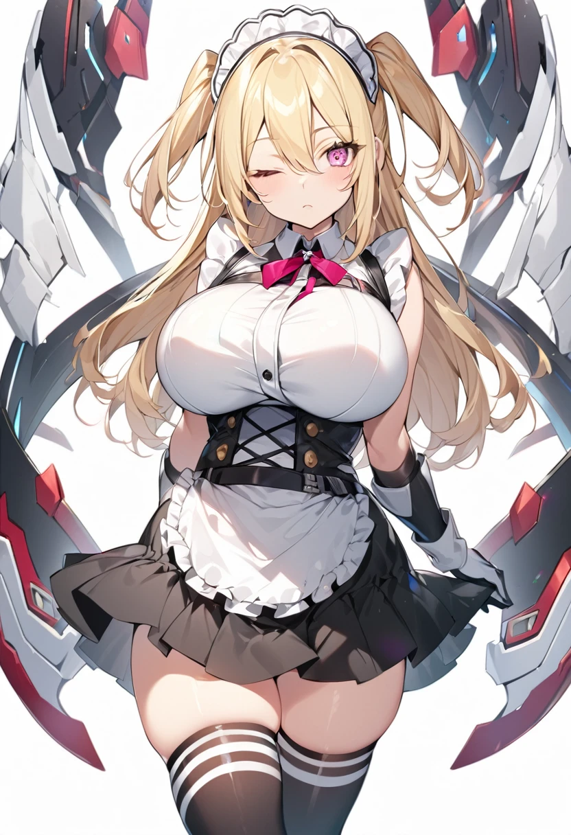 (One girl)、medium length hair、(sidelock)、((Blonde))、(slan eyes)、（boyish）、cute、(Big super breasts)、((Chubby))、Maid、No sleeve、mini skirt、White sleeveless、thigh-high socks thighhighs、(long gloves)、hairs between eyes、(coarse hair)、[flipped hair]、pink eye、expressionless、one eye closed、arm behind back、two side up、White Background、