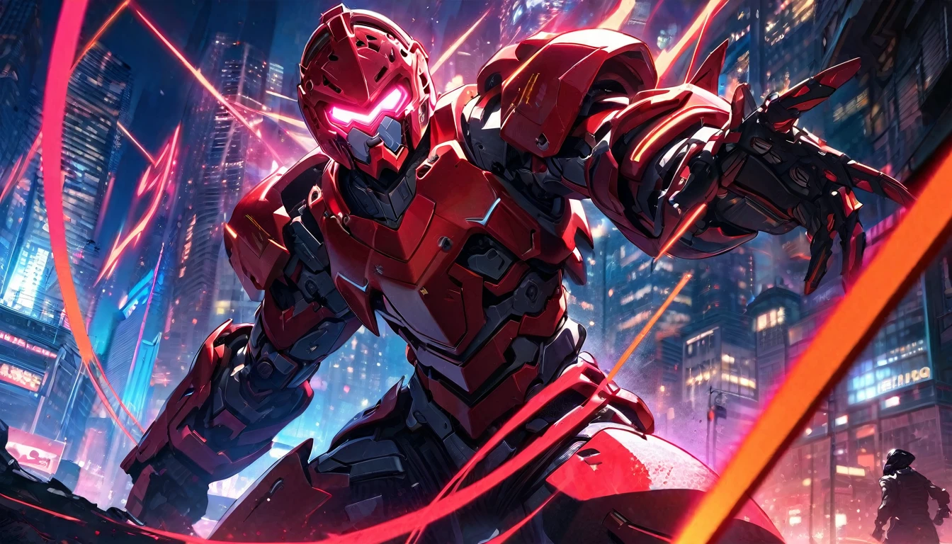 Mech-like suit standing, Downtown Vancouver, high-quality artwork, vibrant colours, detailed metal armour, intense lighting, cityscape background, heroic pose, dramatic shadows, black suit with red neon light strips, dynamic motion, hockey goalie faceplate, hockey goalie helmet, powered up hero