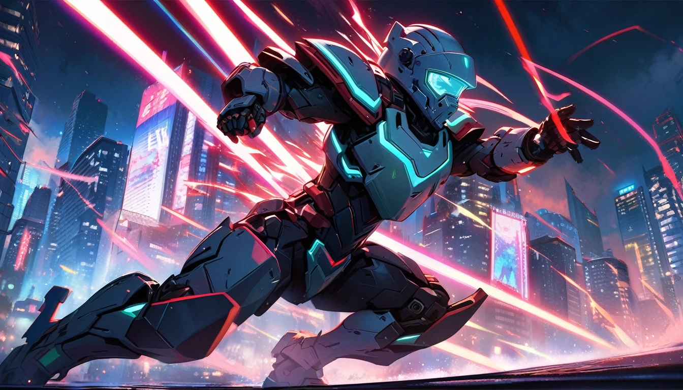 Mech-like suit standing, Downtown Vancouver, high-quality artwork, vibrant colours, detailed metal armour, intense lighting, cityscape background, heroic pose, dramatic shadows, black suit with red neon light strips, dynamic motion, hockey goalie faceplate, hockey goalie helmet, powered up hero