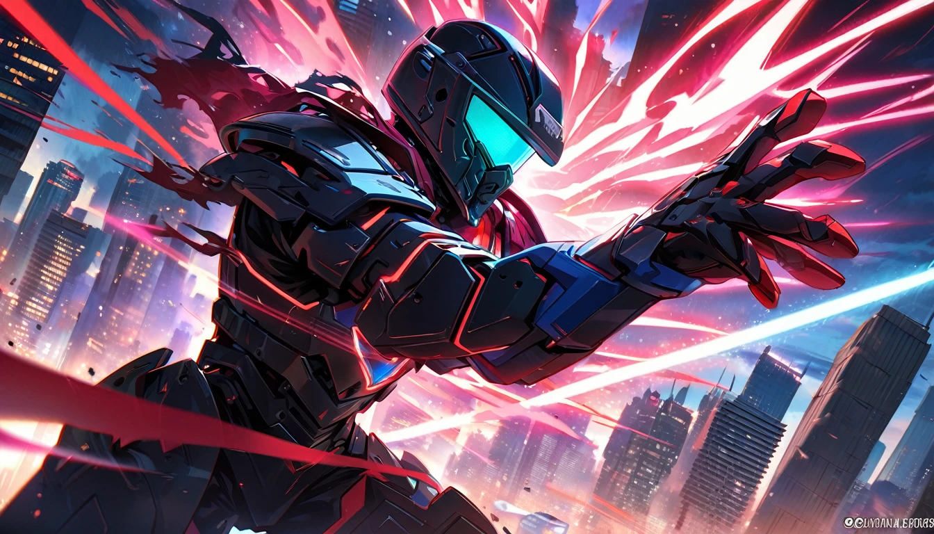 Mech-like suit standing, Downtown Vancouver, high-quality artwork, vibrant colours, detailed metal armour, intense lighting, cityscape background, heroic pose, dramatic shadows, black suit with red neon light strips, dynamic motion, hockey goalie faceplate, hockey goalie helmet, powered up hero