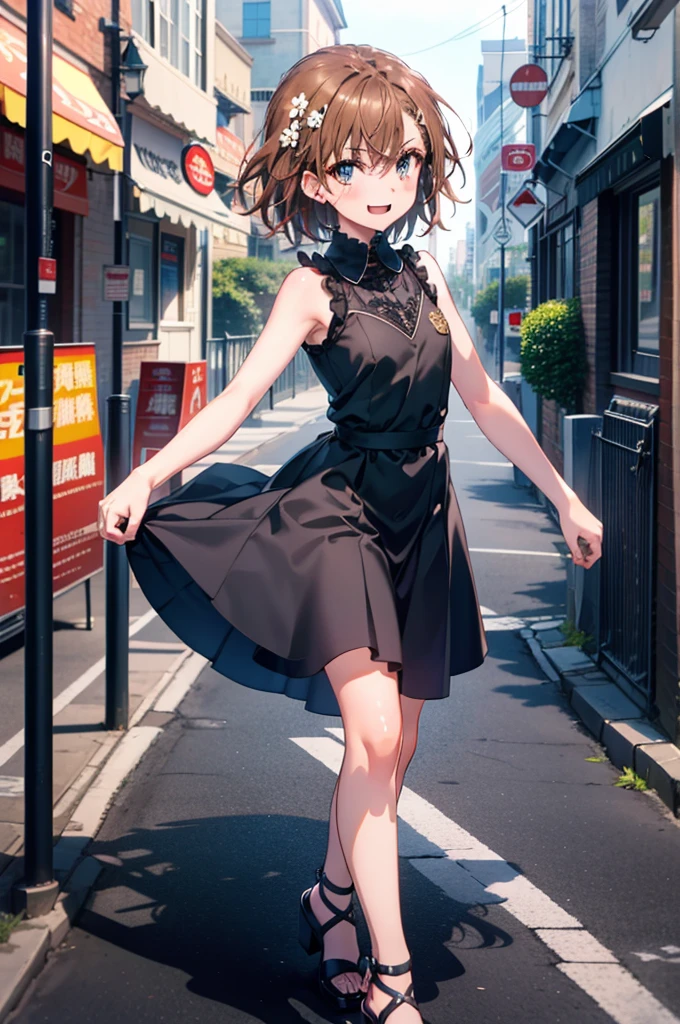 Mycotrose, Brown eyes,Brown Hair,short hair,One side up,Small breasts,Flower Hair Ornaments,happy smile, smile, Open your mouth,Sleeveless dress,Long skirt,Heeled Sandals,Walking,whole bodyがイラストに入るように, break looking at viewer, whole body, break outdoors, Coastal street with buildings, break (masterpiece:1.2), Highest quality, High resolution, unity 8k wallpaper, (shape:0.8), (Beautiful and beautiful eyes:1.6), Highly detailed face, Perfect lighting, Extremely detailed CG, (Perfect hands, Perfect Anatomy),