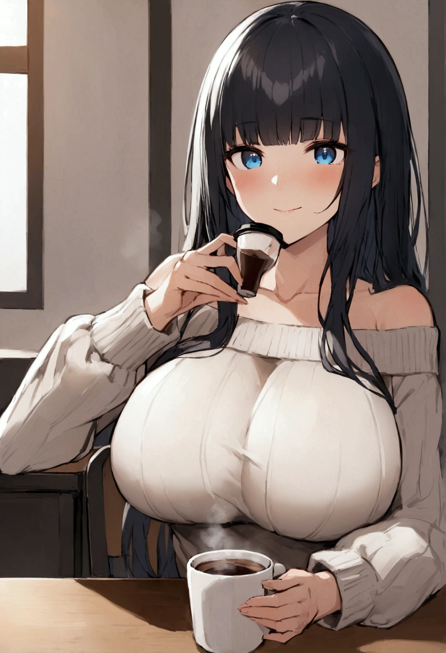 Hime cut with long black hair、Has straight bangs and blue eyes、A girl with very large breasts wears an off-the-shoulder sweater。Drinking coffee at desk。Coffee is one。The girl has a relaxed, calm and satisfied look。Quite large breasts