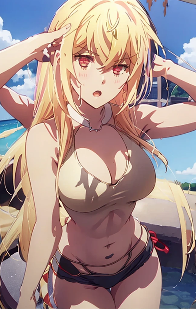 Masterpiece, best quality, highly detailed, highres, 8K, natural lighting, 1 girl, blonde hair, ahoge, ruby eyes, huge breast, black tank top, mini short pants, she wet, sexy pose, outdoor , detailed eyes, perfect eyes colors, detailed eyes, detailed finger shape, the number of fingers is not excessive