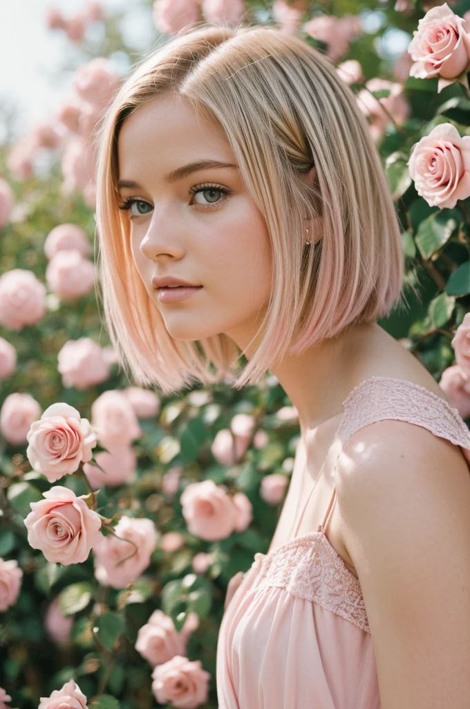 8k, raw photo, fujifilm, Style photography of a beautiful young girl like Avril in a light pink rose garden. (very detailed skin: 1.tyle-Petal BREAK short hair, blonde hair with colored highlights, wearing a dress, film grain, 35mm, beautiful style