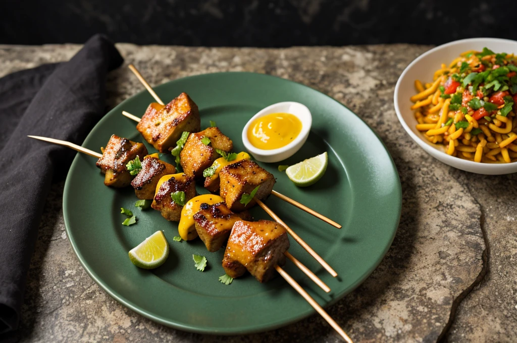 a close up of a plate of food on a table, a stock photo, shutterstock, dau-al-set, skewer, on a dark rock background, canvas print, green