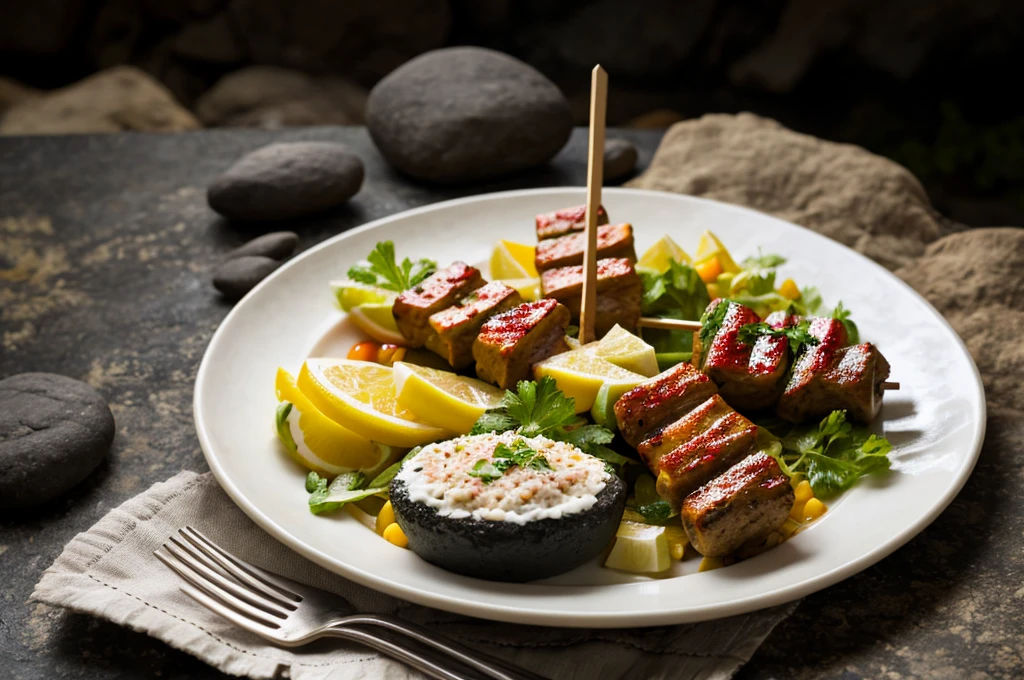 a close up of a plate of food on a table, a stock photo, shutterstock, dau-al-set, skewer, on a dark rock background, canvas print, green