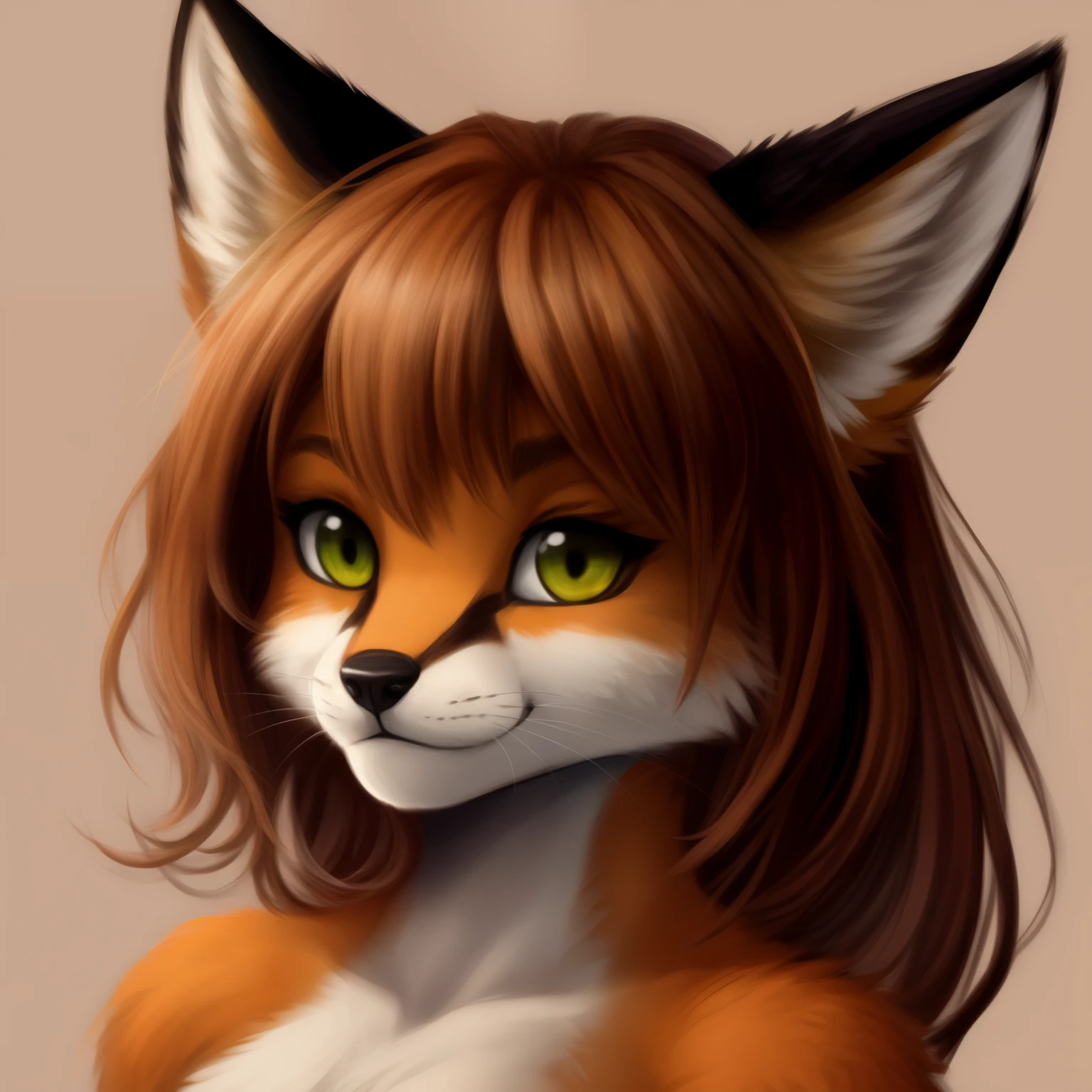 1 girl, beige fur, fox girl, medium breasts, , portrait, simple background, (furry:1.5)