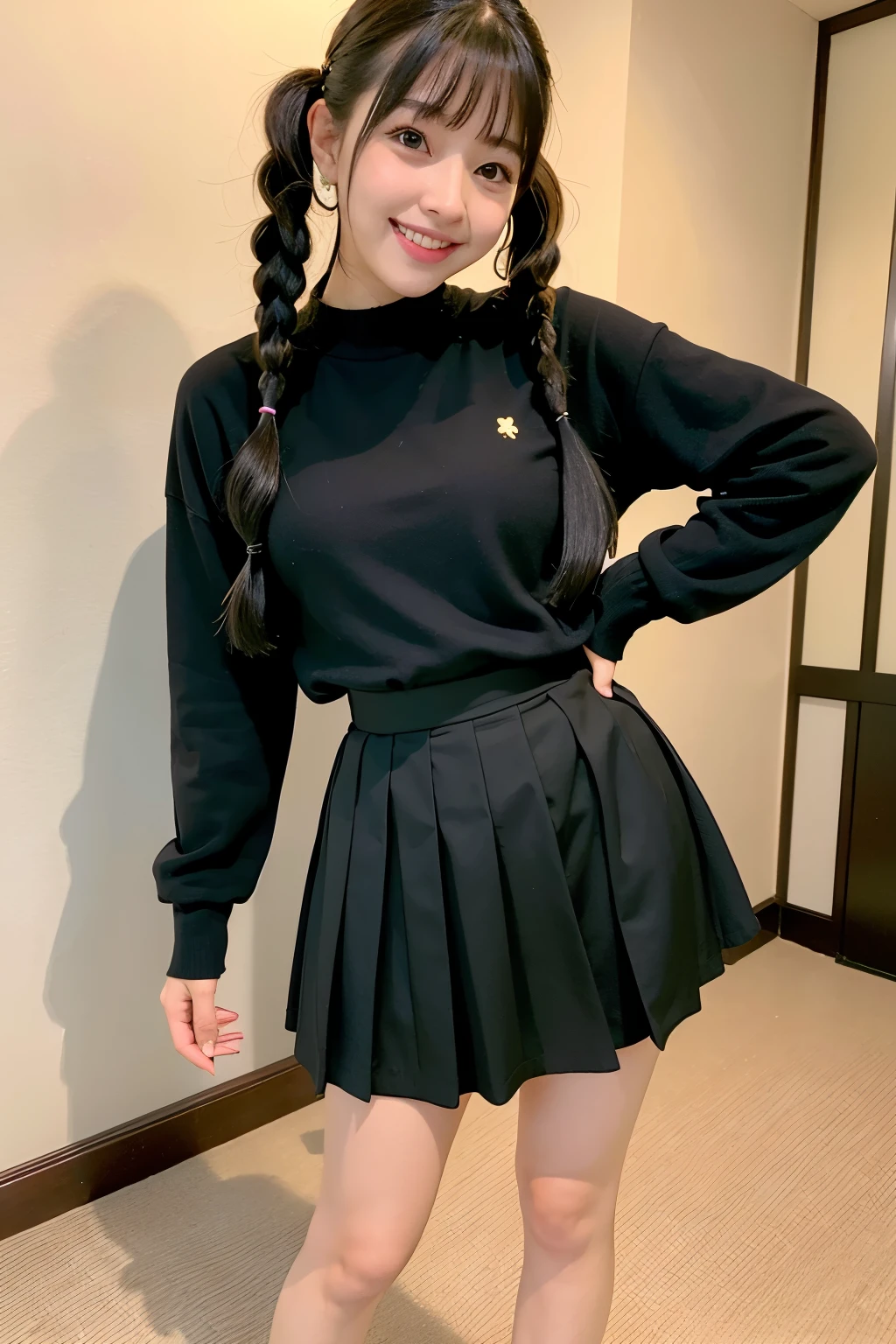 Standing in a cute spacious room、Cute black hair、Young girl with twin tails、Japanese、Makeup and a pretty face like an idol、Smiling、Cute outfitini skirt、Full body portrait