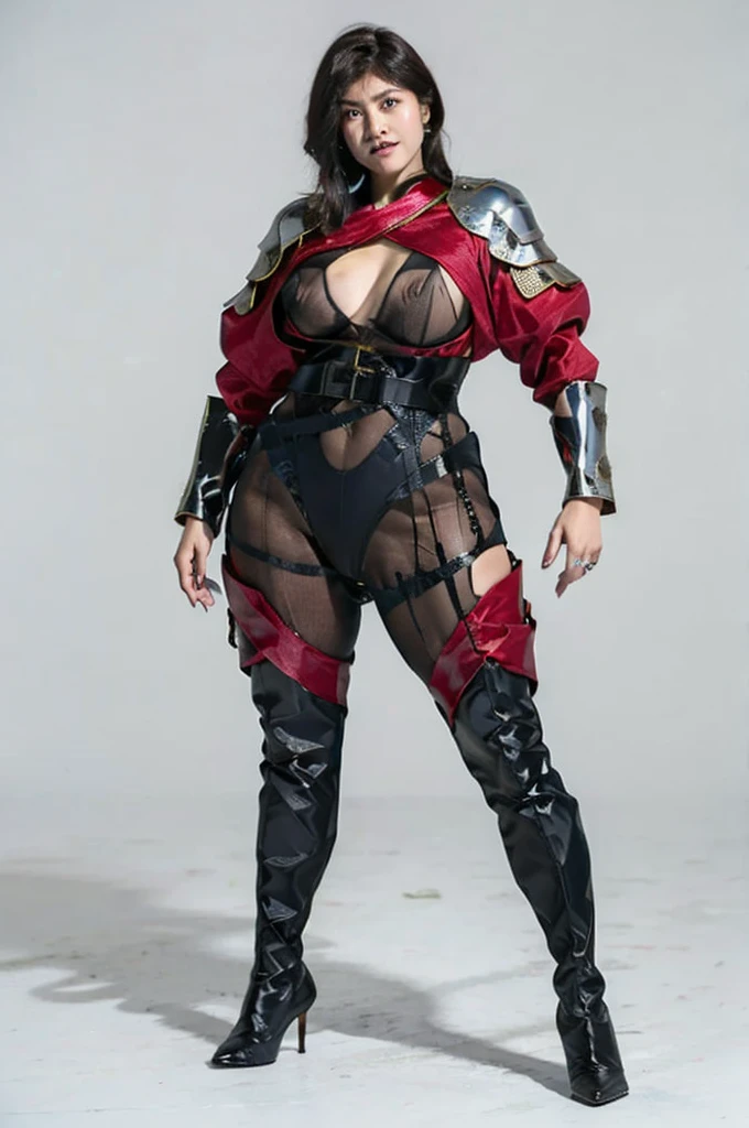 30-year-old Asian female gladiator posing for a photo，Tall and sexy，Sweaty and sweaty，Shiny muscle lines，Sense of Power，Large Breasts，Big buttocks，Mature and charming，Lewd exposure ，exposed，Camel toe，nipple，Y-hair details，NSFW，Release liquid，Wear sexy super high heel boots，The charming and seductive queen，Fighting breath