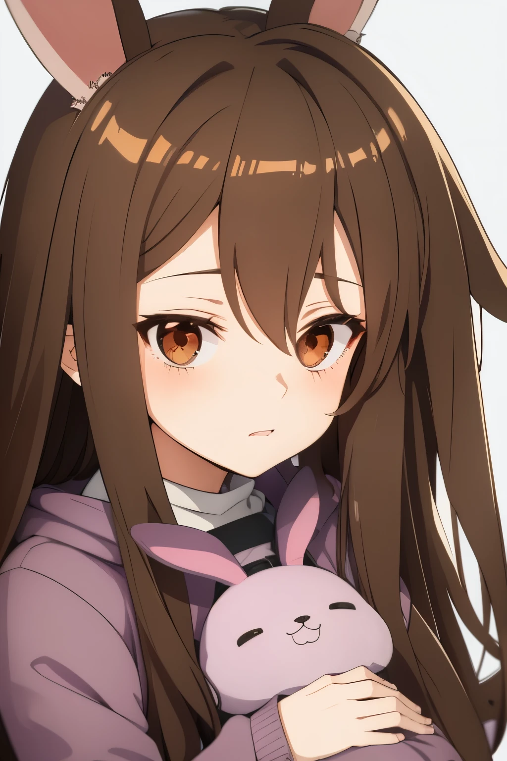Make one girl in anime style, one who has long brown hair and brown eyes with a lilac color, and who has rabbit ears on her hood, hugging a Pochita plush from Chainsawman.