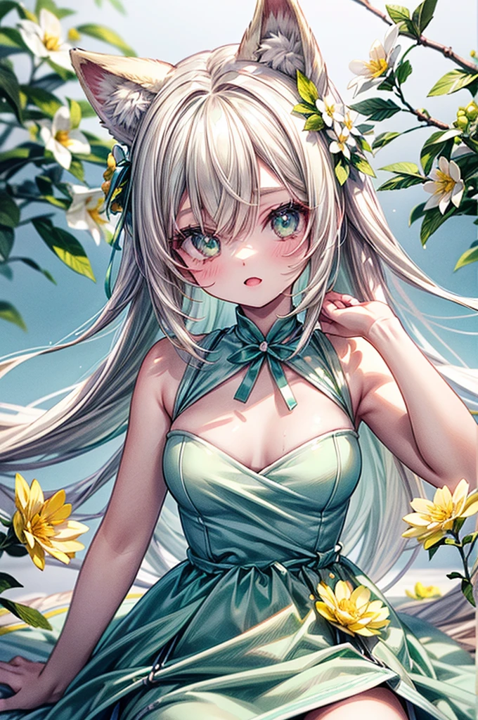Masterpiece, best quality, high quality, ultra detailed, aura, perfect body shape, masterpieces, light make up, 1girl, animal ears, pale blonde hair, ash blonde hair, minty green dress, yellow flowers, mint green flowers, white flowers, blossoms, cute, fun pose, extremely detailed, photorealistic, 8k, high quality, masterpiece, studio lighting, vibrant colors, professional digital art, 1girl, animal ears, pale blonde, ash blonde, minty green, color palette: (yellow, mint, white), flowers, blossoms, cute, extremely detailed, fun pose,lio