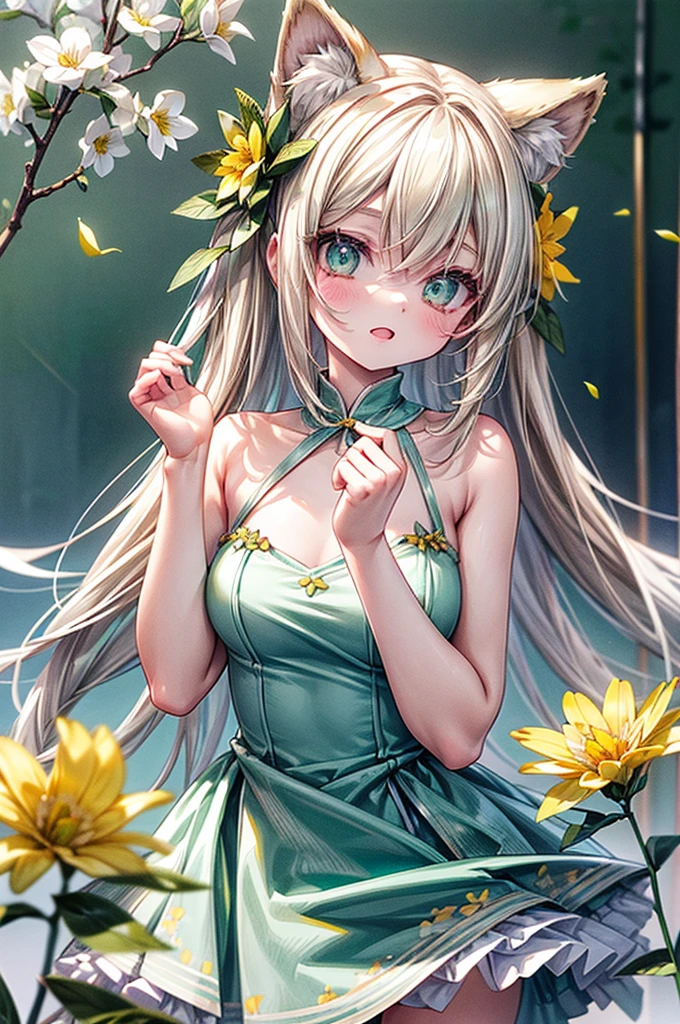 Masterpiece, best quality, high quality, ultra detailed, aura, perfect body shape, masterpieces, light make up, 1girl, animal ears, pale blonde hair, ash blonde hair, minty green dress, yellow flowers, mint green flowers, white flowers, blossoms, cute, fun pose, extremely detailed, photorealistic, 8k, high quality, masterpiece, studio lighting, vibrant colors, professional digital art, 1girl, animal ears, pale blonde, ash blonde, minty green, color palette: (yellow, mint, white), flowers, blossoms, cute, extremely detailed, fun pose,lio