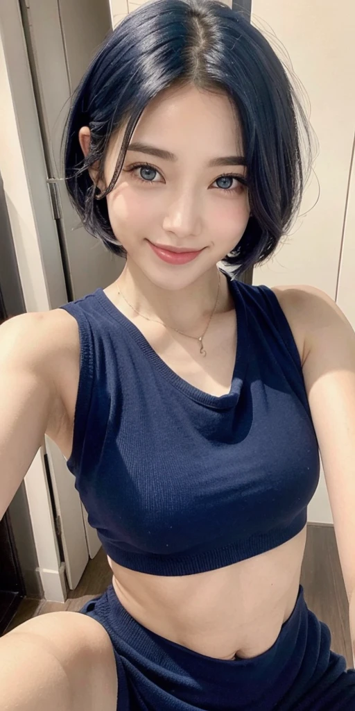 Girl short hair Blue hair Blue eyes Blue matching Smile confidently Correct limbs, (selfie:1.3).