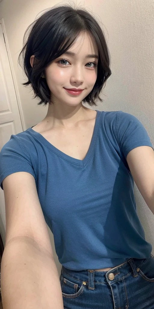 Girl short hair Blue hair Blue eyes Blue matching Smile confidently Correct limbs, (selfie:1.3).